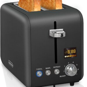 SEEDEEM Toaster 2 Slice, Stainless Steel Bread Toaster with Colorful LCD Display, 7 Bread Shade Settings, 1.4'' Wide Slots Toaster with Bagel/Defrost/Reheat Functions, Removable Crumb Tray, 900W, Dark Chocolate