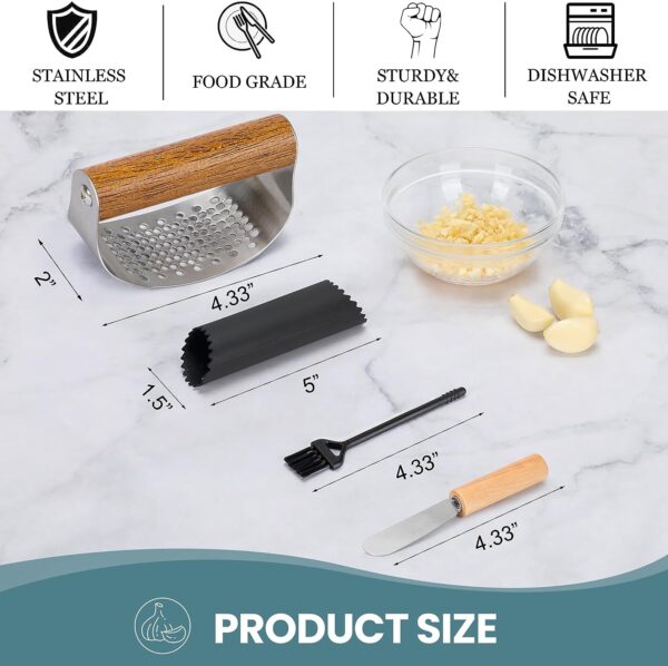 AUBENR Garlic Press with Silicone Peeler, Brush & Scraper - Premium Garlic Mincer Tool with Wooden Handle - Easy to Use & Clean - Durable Garlic Crusher - Crush Garlic Like a Breeze(Dark Wood) - Image 2
