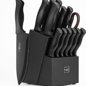 HUNTER Knife Set, Dishwasher Safe Kitchen Knife Set with Block, 24 Pcs Black Kitchen Knife Sets with Block Self Sharpening, 6 Steak Knives, Black