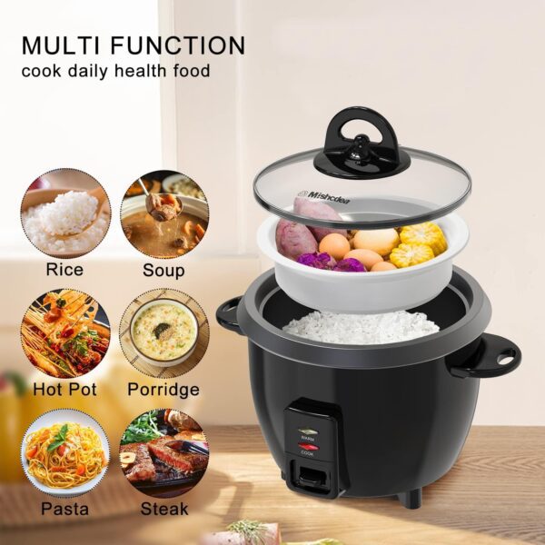 Mishcdea Small Rice Cooker 3 Cups Uncooked, Electric Mini Rice Cooker with Food Steamer Basket, Removable Nonstick Pot, 12H Automatic Keep Warm, for Rice, Soups, Stews, Grains, Oatmeal - Black - Image 2