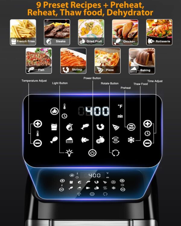 Air Fryer, 12 L (12.7 qt) Air fryer Oven with Rotisserie Function, 10 in 1 Electric Hot Oven with 8 Cooking Accessories and Recipe, 1700W Air Fryer Toaster Oven with 9 Presets, Preheat & Defrost Function - Image 2