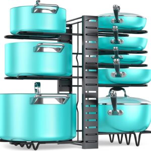 MUDEELA Pots and Pans Organizer Rack for Cabinet with 3 DIY Methods, Adjustable Pot Pan Rack with 8 Tiers for Kitchen Cabinet Organizers and Storage