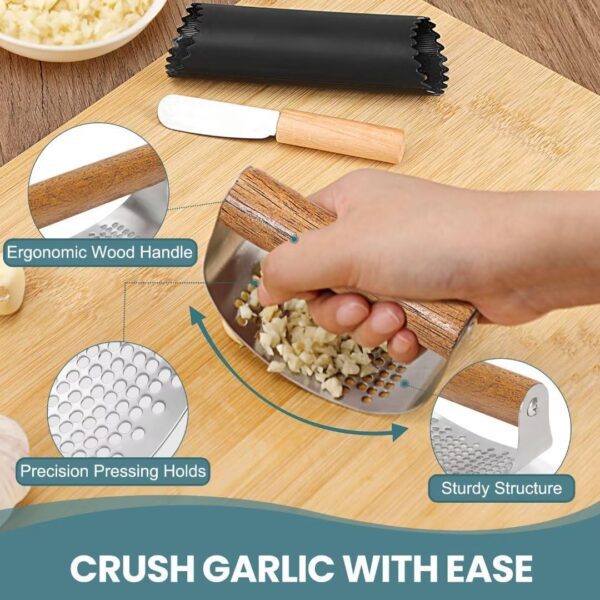 AUBENR Garlic Press with Silicone Peeler, Brush & Scraper - Premium Garlic Mincer Tool with Wooden Handle - Easy to Use & Clean - Durable Garlic Crusher - Crush Garlic Like a Breeze(Dark Wood) - Image 3