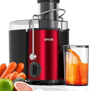 Effortless Juicing Machines, SiFENE 500W Wide Chute Centrifugal Juicer for Fruits & Vegetables, Easy-Clean Juicing Maker, BPA-Free (Sleek Stainless Steel - Red)