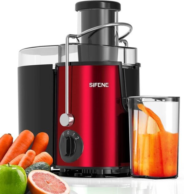 Effortless Juicing Machines, SiFENE 500W Wide Chute Centrifugal Juicer for Fruits & Vegetables, Easy-Clean Juicing Maker, BPA-Free (Sleek Stainless Steel - Red)