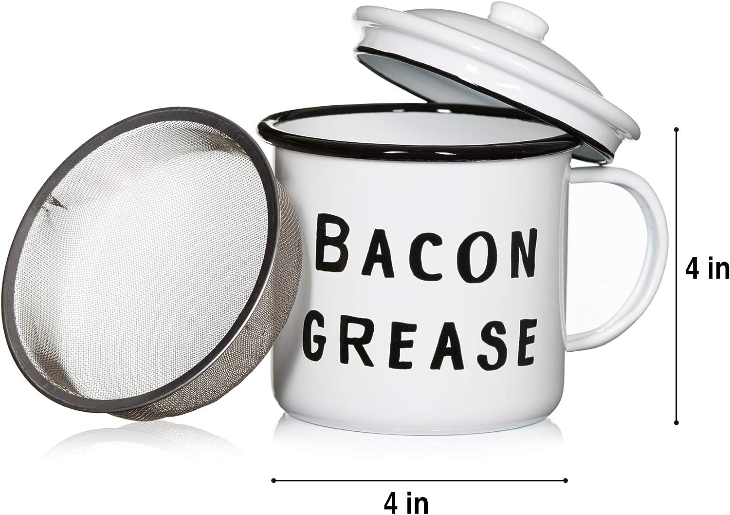 Golden Hills Mercantile Bacon Grease Container with strainer - rustic mid-century modern farmhouse design, white enamel on metal, 4 inch x 4 inch vintage enamelware with lid (Black) - Image 3