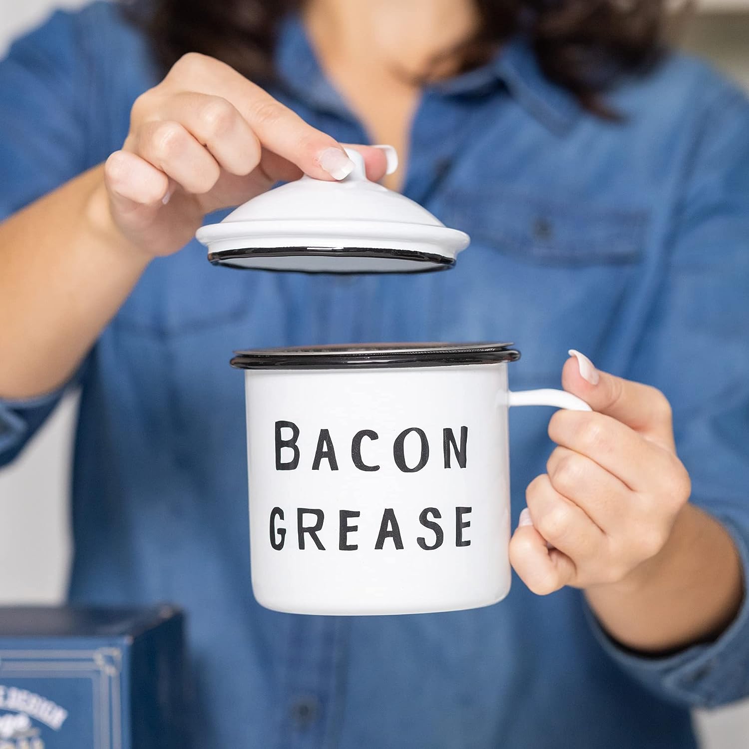 Golden Hills Mercantile Bacon Grease Container with strainer - rustic mid-century modern farmhouse design, white enamel on metal, 4 inch x 4 inch vintage enamelware with lid (Black) - Image 6