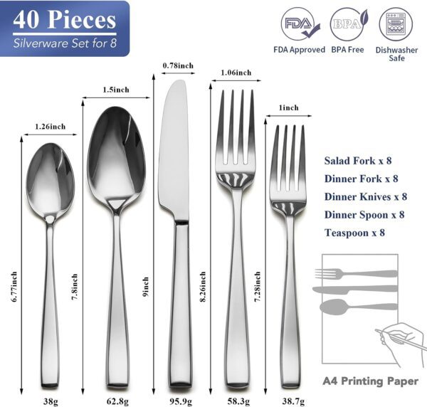 40 Piece Silverware Set Service for 8, EIUBUIE Premium Stainless Steel Cutlery Set, Mirror Polished Flatware Sets Heavy Duty and Solid, Modern Kitchen Eating Utensils Set Include Spoons Forks Knives - Image 2