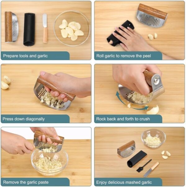 AUBENR Garlic Press with Silicone Peeler, Brush & Scraper - Premium Garlic Mincer Tool with Wooden Handle - Easy to Use & Clean - Durable Garlic Crusher - Crush Garlic Like a Breeze(Dark Wood) - Image 4