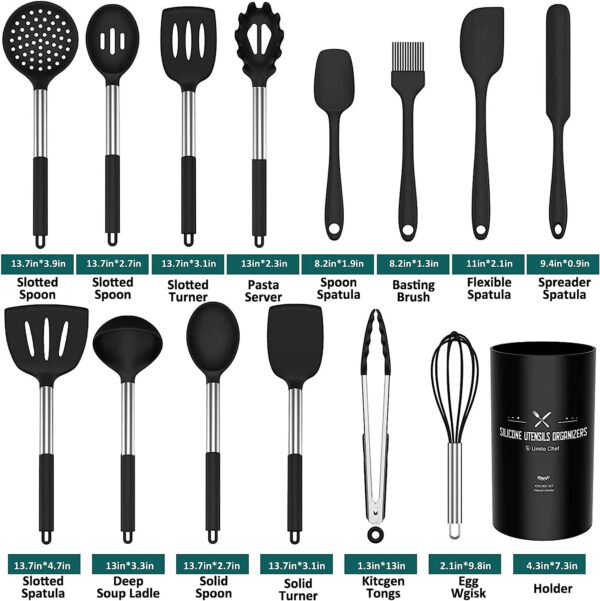Silicone Cooking Utensil Set, Umite Chef 15pcs Silicone Cooking Kitchen Utensils Set, Non-Stick Heat Resistant - Best Kitchen Cookware with Stainless Steel Handle - Black - Image 2