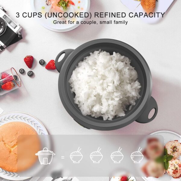 Mishcdea Small Rice Cooker 3 Cups Uncooked, Electric Mini Rice Cooker with Food Steamer Basket, Removable Nonstick Pot, 12H Automatic Keep Warm, for Rice, Soups, Stews, Grains, Oatmeal - Black - Image 7
