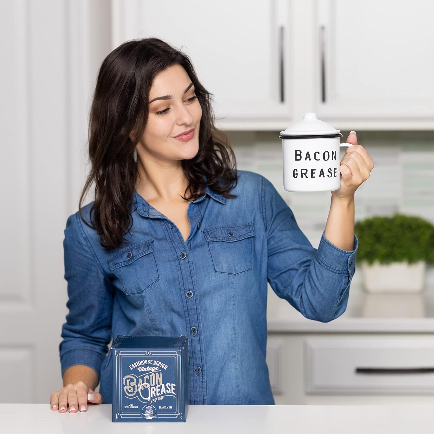 Golden Hills Mercantile Bacon Grease Container with strainer - rustic mid-century modern farmhouse design, white enamel on metal, 4 inch x 4 inch vintage enamelware with lid (Black) - Image 4