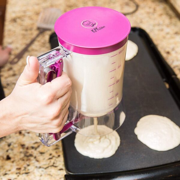 KPKitchen Pancake Batter Dispenser - Kitchen Must Have Tool for Perfect Pancakes, Cupcake, Waffle, Muffin Mix, Crepe & Cake - Easy Pour Baking Supplies for Griddle - Pancake Maker with Measuring Label - Image 8