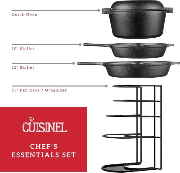 Cuisinel Cast Iron Cookware 5-Pc Set - 10" + 12" Skillet + 5-Quart Dutch Oven+ Panrack Organizer + Silicone Handle Covers + Scraper/Cleaner- Pre-Seasoned Chef's Essentials Kit - Stovetop, Grill, Indoor/Outdoor - Image 2