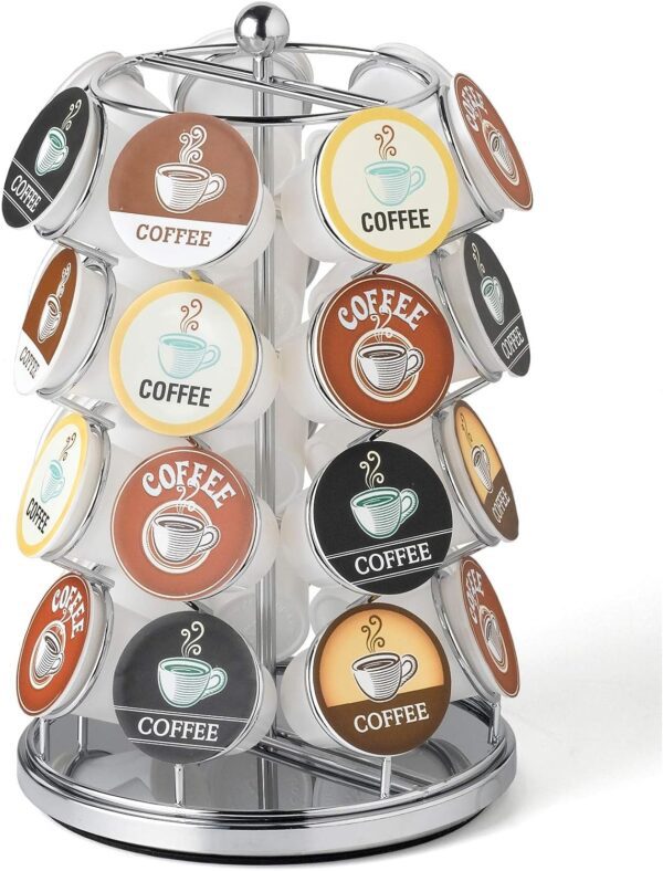 Nifty K Cup Holder – Compatible with K-Cups, Coffee Pod Carousel | 28 K Cup Holder, Spins 360-Degrees, Lazy Susan Platform, Modern Chrome Design, Home or Office Kitchen Counter Organizer