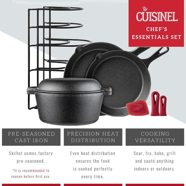 Cuisinel Cast Iron Cookware 5-Pc Set - 10" + 12" Skillet + 5-Quart Dutch Oven+ Panrack Organizer + Silicone Handle Covers + Scraper/Cleaner- Pre-Seasoned Chef's Essentials Kit - Stovetop, Grill, Indoor/Outdoor - Image 5