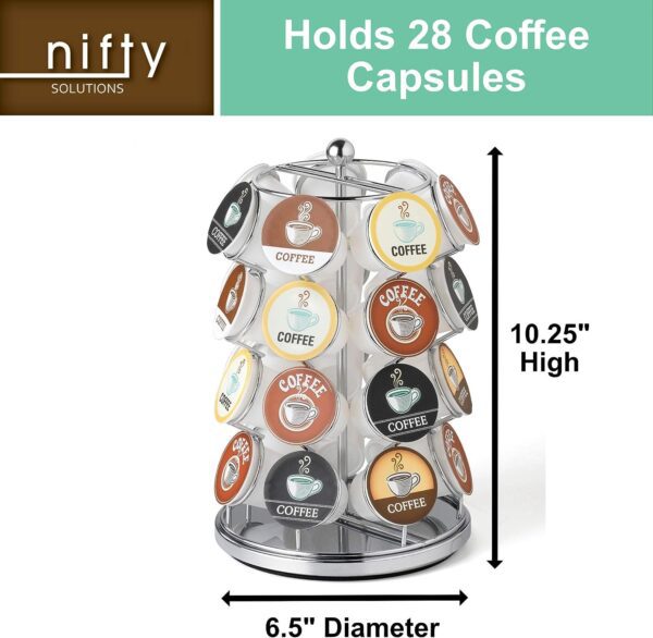Nifty K Cup Holder – Compatible with K-Cups, Coffee Pod Carousel | 28 K Cup Holder, Spins 360-Degrees, Lazy Susan Platform, Modern Chrome Design, Home or Office Kitchen Counter Organizer - Image 3