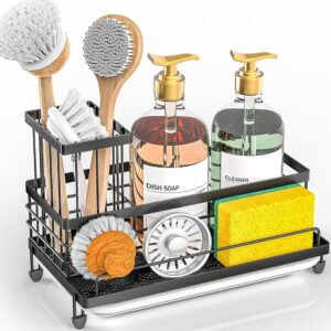 Cisily Sink Caddy Kitchen Sink Organizer, Sponge Holder for Kitchen Sink with Removable Drip Tray for Countertop Dish Soap Holder Dispenser Higher Brush Holder, 304 Stainless Steel Cocina Accesorios