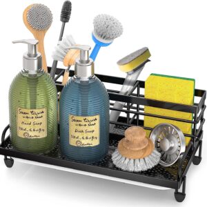 Cisily Kitchen Sink Caddy Organizer, Rustproof Non-Slip Soap Dish Dispenser Brush, Sponge Holder for Kitchen Sink, Kitchen Organization and Storage, Home Essentials Accessories（Matte Black）