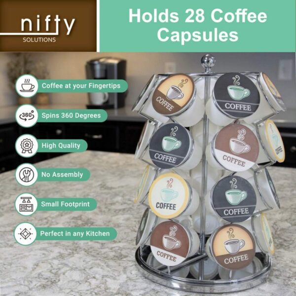 Nifty K Cup Holder – Compatible with K-Cups, Coffee Pod Carousel | 28 K Cup Holder, Spins 360-Degrees, Lazy Susan Platform, Modern Chrome Design, Home or Office Kitchen Counter Organizer - Image 4