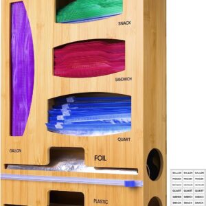 Orikithem Foil and Plastic Wrap Organizer for Ziplock, 6 in 1, Included 4 Storage Bag Organizer for Kitchen Drawer, 2 Dispenser with Cutter