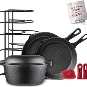 Cuisinel Cast Iron Cookware 5-Pc Set - 10" + 12" Skillet + 5-Quart Dutch Oven+ Panrack Organizer + Silicone Handle Covers + Scraper/Cleaner- Pre-Seasoned Chef's Essentials Kit - Stovetop, Grill, Indoor/Outdoor