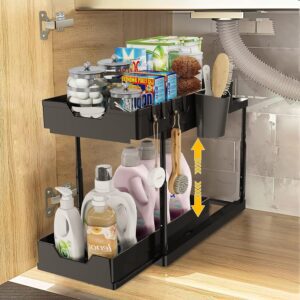 Adjustable Height Under Sink Organizers, Wizsofer 1 Pack Double Sliding Bathroom Cabinet Organizer, Kitchen Multipurpose Under Sink Cabinet Storage with Hooks and Cup (1PCS)