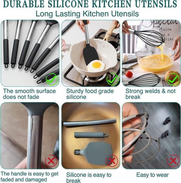 Silicone Cooking Utensil Set, Umite Chef 15pcs Silicone Cooking Kitchen Utensils Set, Non-Stick Heat Resistant - Best Kitchen Cookware with Stainless Steel Handle - Black - Image 3