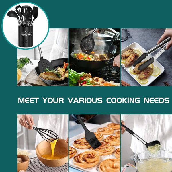 Silicone Cooking Utensil Set, Umite Chef 15pcs Silicone Cooking Kitchen Utensils Set, Non-Stick Heat Resistant - Best Kitchen Cookware with Stainless Steel Handle - Black - Image 4