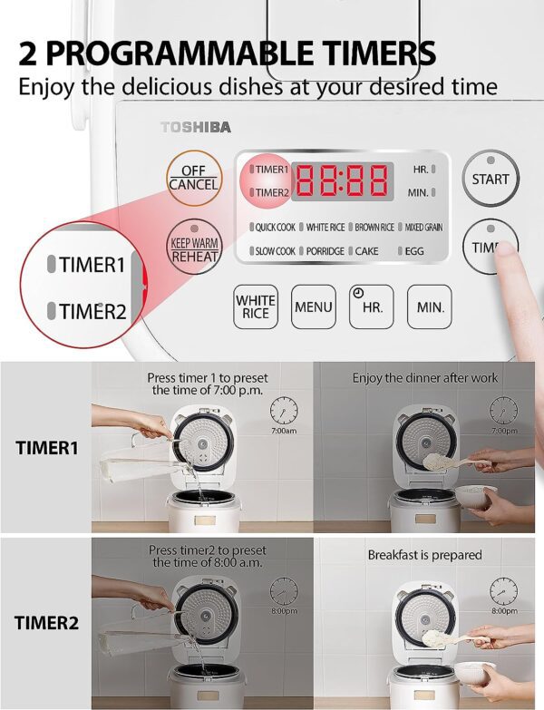 Toshiba Small Rice Cooker 3 Cup Uncooked – LCD Display with 8 Cooking Functions, Fuzzy Logic Technology, 24-Hr Delay Timer and Auto Keep Warm, Non-Stick Inner Pot, White - Image 5