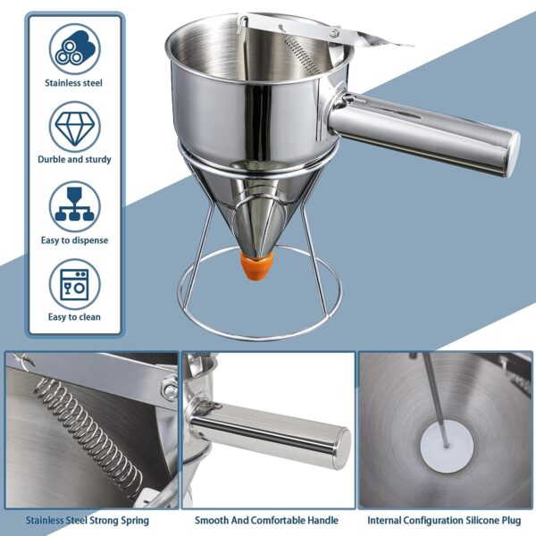 MyLifeUNIT Pancake Batter Dispenser, Multi-Caliber Stainless Steel Funnel Cake Dispenser with Stand Great for Pancakes, Cupcakes or Any Baked Goods - Image 2