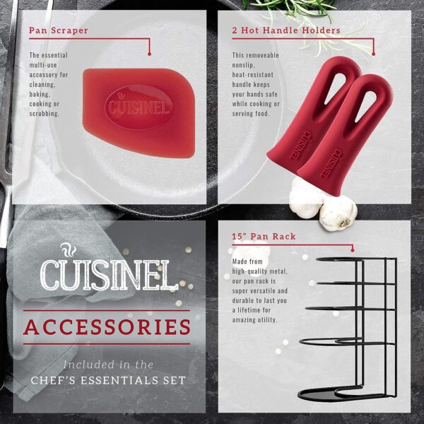 Cuisinel Cast Iron Cookware 5-Pc Set - 10" + 12" Skillet + 5-Quart Dutch Oven+ Panrack Organizer + Silicone Handle Covers + Scraper/Cleaner- Pre-Seasoned Chef's Essentials Kit - Stovetop, Grill, Indoor/Outdoor - Image 6
