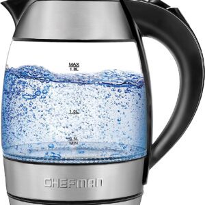 Chefman Electric Glass Kettle LED Indicator Lights, 360 deg Swivel Base, BPA Free, Stainless Steel, 1.8 Liters