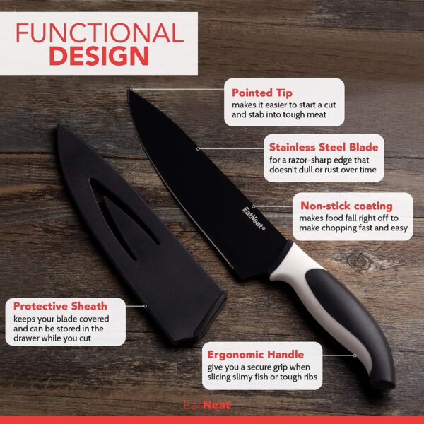 EatNeat 12 Piece Kitchen Knife Set - 5 Black Stainless Steel Knives with Safety Sheaths, a Cutting Board, and a Sharpener, Razor Sharp Cutting Tools that are Kitchen Essentials for New Homes - Image 6